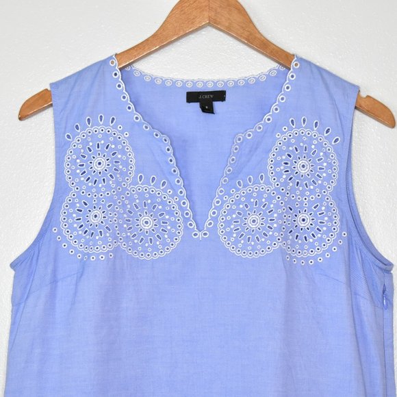 J. Crew Blue White Embroidered Eyelet Sleeveless Chambray Top Size 6 - Picture 8 of 15